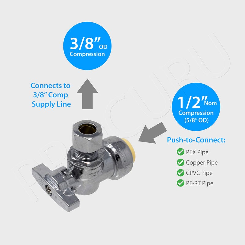 PROCURU 2-Pack PushFit Angle Stop Valve 1/2" Nom x 3/8" OD Comp, Quarter-Turn Push-to-Connect Brass Shutoff Valve for Copper, PEX, CPVC, PE-RT, HDPE Pipes (8X8012-2P) - Image 3
