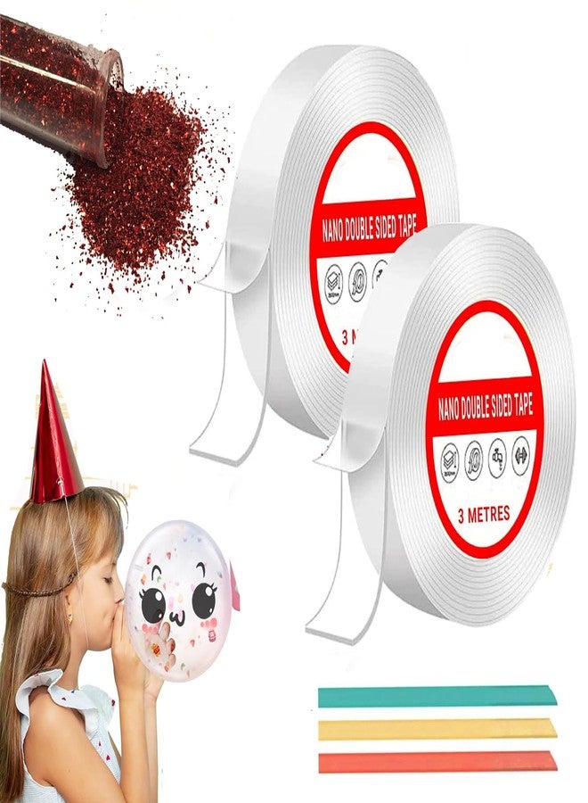 D-fix® Nano Tape with 1 Glitter Flakes 3 Straw for Balloon Double Sided Ivy Grip Tape for Walls Washable Reusable Strong Sticky Strips Multicolour Moon & Heart Art and Craft DIY Pack of-2 - Image 1