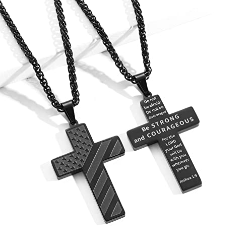 DuoDiner Black Cross Necklace Pendant for Men Boys American Flag Chain First Communion Confirmation Baptism Christian Gifts Teen Teenage Boys (Joshua 1:9) - Image 2