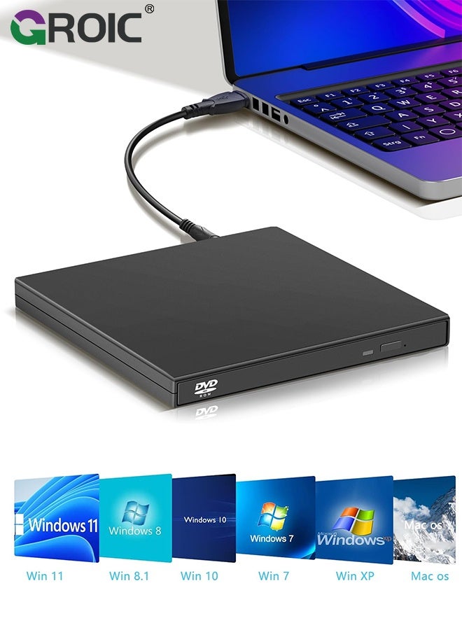 GROIC External CD/DVD Drive for Laptop, USB 2.0 CD DVD Player, Portable Reader Writer, Disk Duplicator, Compatible with Laptop Desktop PC Windows Apple Mac Pro MacBook
