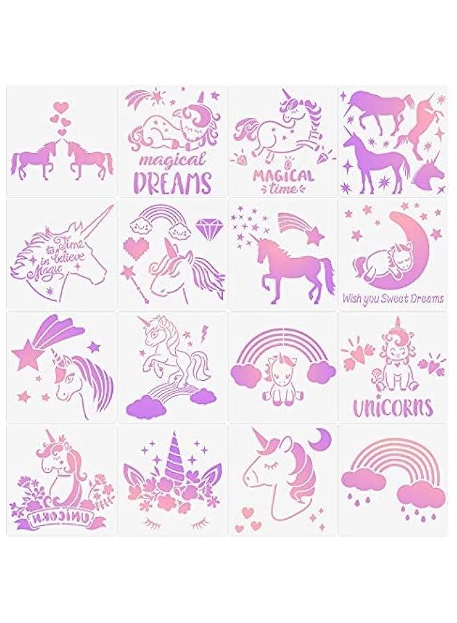 Arabest 16 Pcs Unicorn Stencils Painting Reusable Templates Unicorn Pattern Craft Stencils for DIY Scrapbooking Drawing Furniture Wall Floor Decors, 7.9 x 7.9 Inches  - Image 1