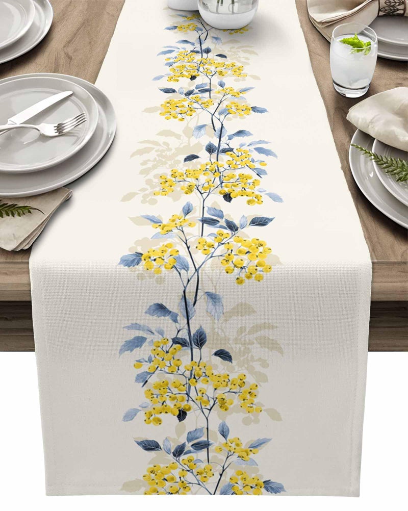 Summer Table Runner 70 Inches Long Spring Flower Wild Leaves Seasonal Runner for Tables Dining Room Blue White Yellow Floral Holiday Dinner Runner Party Table Decoration