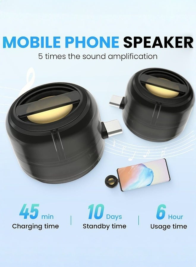 ملقط مكبر صوت صغير محمول، مضخم صوت بقوة 3 وات بقابس Type-C، مضاعف للصوت 5 مرات بجودة Hi-Fi، بادة رادياتير سلبية، بطارية تعمل 6 ساعات، وضع الاستعداد 10 أيام للهواتف الذكية والأجهزة اللوحية (أسود) - Image 2