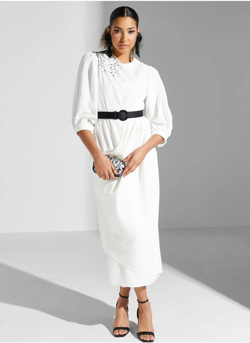 Montania Puff Sleeve Embellished Belted Dress