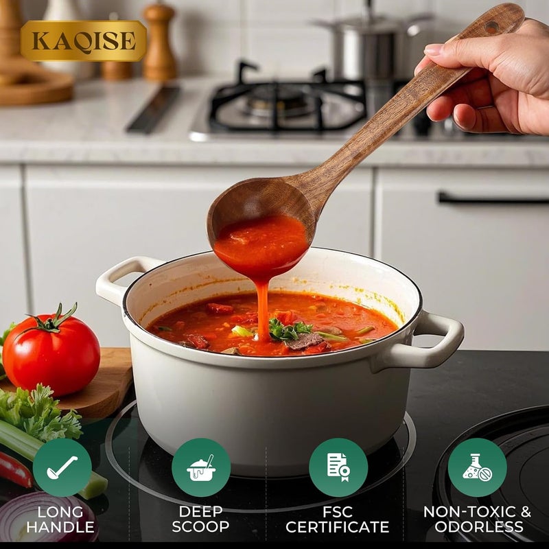 KAQISE Wooden Spoons for Cooking, 2Pcs Durable Teak Wood Ladle, Large Soup Spoons for Serving, Mixing and Stirring - Image 2