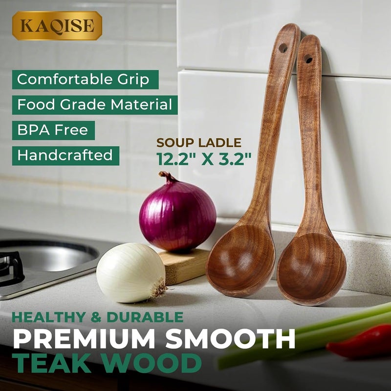 KAQISE Wooden Spoons for Cooking, 2Pcs Durable Teak Wood Ladle, Large Soup Spoons for Serving, Mixing and Stirring - Image 4