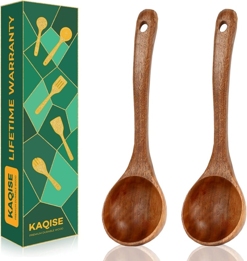 KAQISE Wooden Spoons for Cooking, 2Pcs Durable Teak Wood Ladle, Large Soup Spoons for Serving, Mixing and Stirring - Image 1