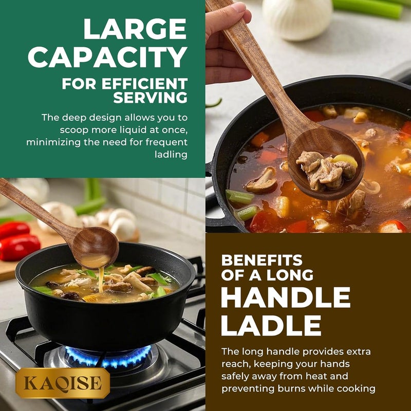 KAQISE Wooden Spoons for Cooking, 2Pcs Durable Teak Wood Ladle, Large Soup Spoons for Serving, Mixing and Stirring - Image 3