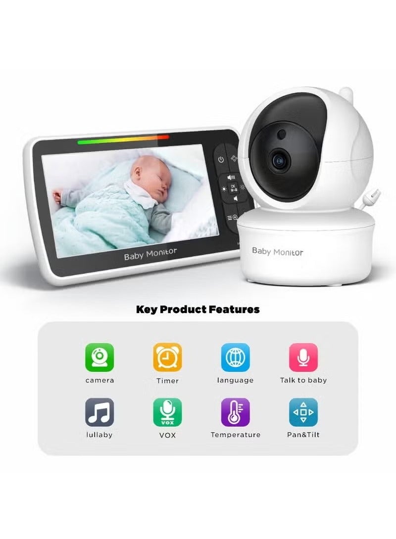 Baby Monitor Baby Monitor with Camera and Audio, 5''Display with 3000mah Battery, Pan-Tilt-Zoom Video, Night Vision, 2-Way Talk, Temperature, Lullabies Playing and 960ft Range, Ideal for Gift - Image 3