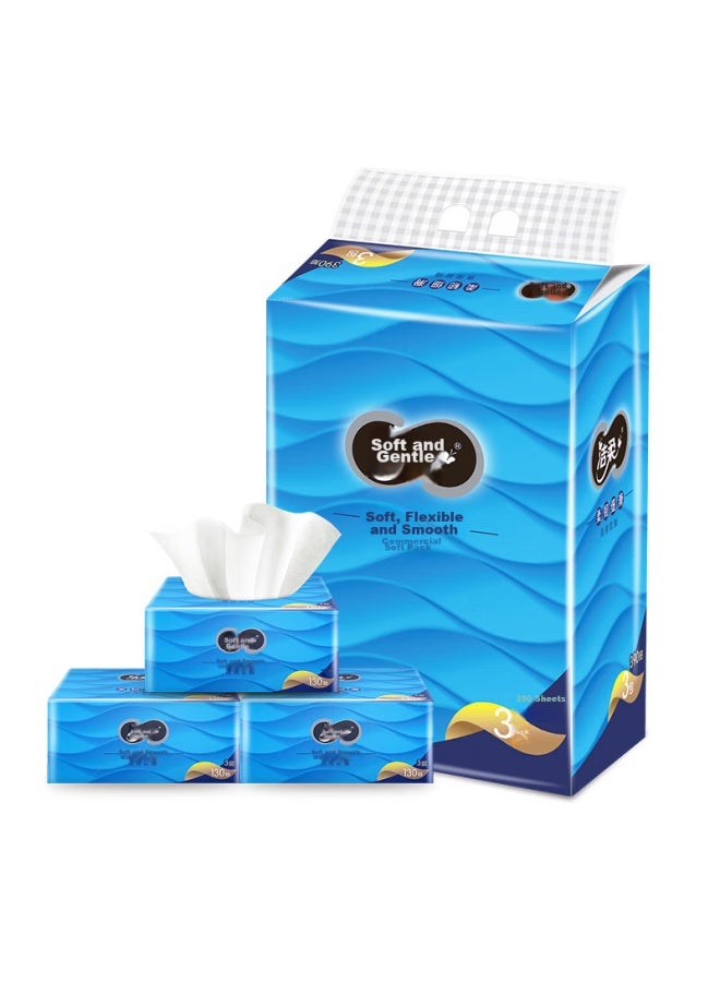 CS Jierou Facial Tissues, Soft And Thick 3-ply 130 Sheets*3 Packs, Blue Silk Gentle Luxury, Facial Tissues, 100% Virgin Wood Pulp - Image 1