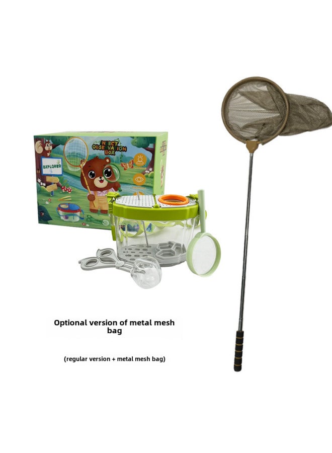 Children's Educational Outdoor Toy Large Magnifying Glass Insect Catcher Collector Caterpillar Observation Box Transparent-Color:Orange Green Metal Mesh Bag - Image 1