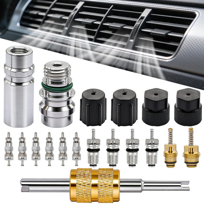 TWTADE 19PCS Air Conditioning Valve Core Kit Car AC R12 R134a Teflon Seal Refrigeration Schrader Valve Stem Cores with Remover Tool Service Valve HVAC System Charging Port Seal Caps Kit - Image 3