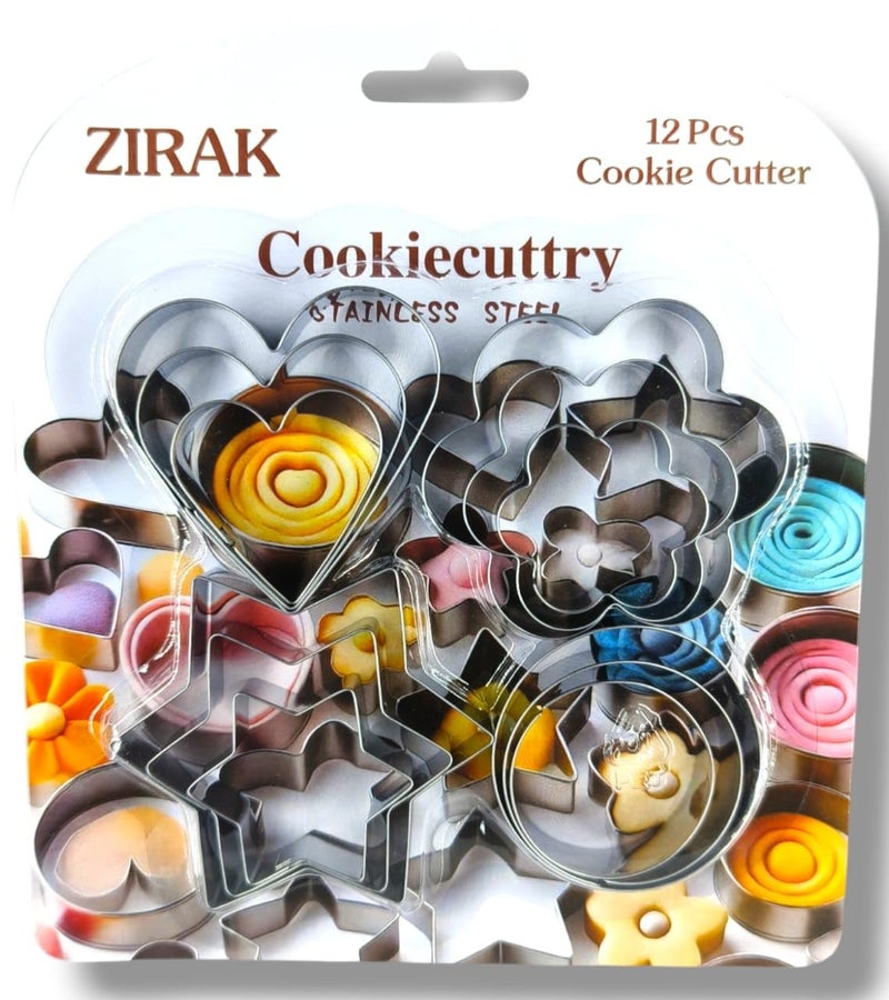 ZIRAK 12-Piece Stainless Steel Cookie Cutter Set – Assorted Shapes for Baking, Biscuits, Fondant & Kids DIY Crafts - Image 1