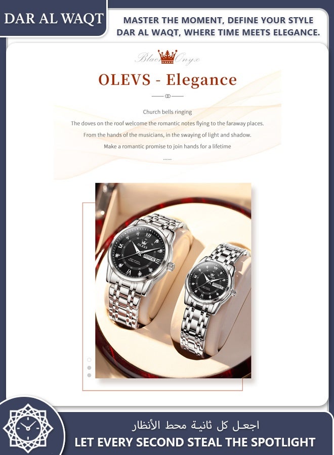 أوليفز ساعة OLEVS العملية للزوجين كوارتز سوار فولاذي أسود مضيء مقاوم للماء تقويم مزدوج - Image 3