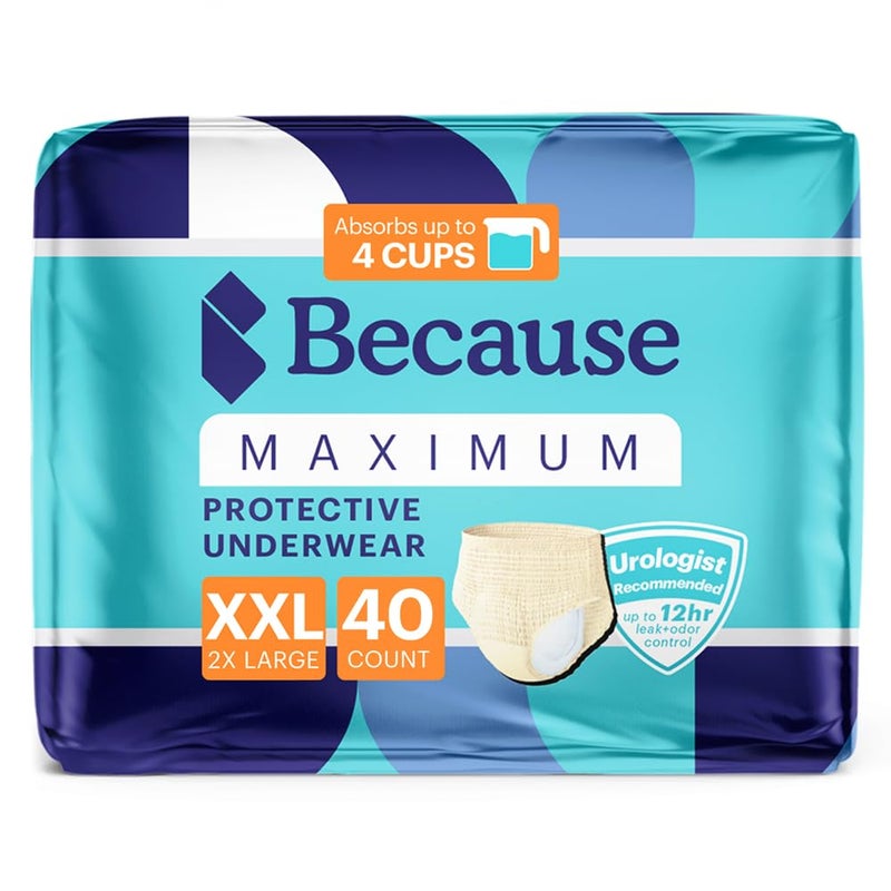 Because Premium Maximum Plus Adult Incontinence and Postpartum Bladder Leak Underwear for Women Maximum Absorbency Disposable Beige XXLarge 40 Count 4 Packs of 10