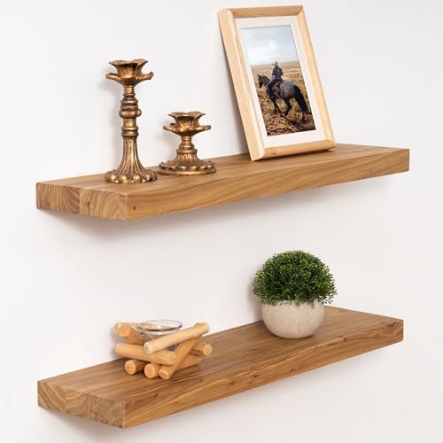 Marsmiles 24 inch Floating Shelves for Wall Solid Elm Wood Shelves|Rustic Wall Shelves with Invisible Heavy-Duty Bracket for Bathroom Living Room Kitchen|Natural, 2 Pack - Image 1