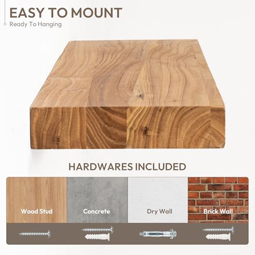 Marsmiles 24 inch Floating Shelves for Wall Solid Elm Wood Shelves|Rustic Wall Shelves with Invisible Heavy-Duty Bracket for Bathroom Living Room Kitchen|Natural, 2 Pack - Image 5
