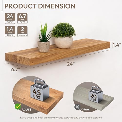 Marsmiles 24 inch Floating Shelves for Wall Solid Elm Wood Shelves|Rustic Wall Shelves with Invisible Heavy-Duty Bracket for Bathroom Living Room Kitchen|Natural, 2 Pack - Image 2