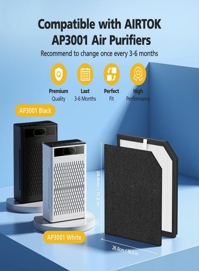Caehomly AP3001 Replacement Filters Compatible with Airtok AP3001 Air Purifi-er, 3-in-1 True HEPA Filters with Washable Pre-filter and High-Efficiency Activated Carbon Filter, 2 Pack - Image 2
