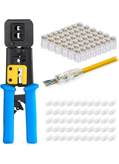RJ45 Crimp Tool Pass Through Connector End With Cat6 Crimping Tool Kit for RJ45/RJ12 Regular,50 Cat6 straight-through connectors, 50PCS Covers and Mini Wire Stripper