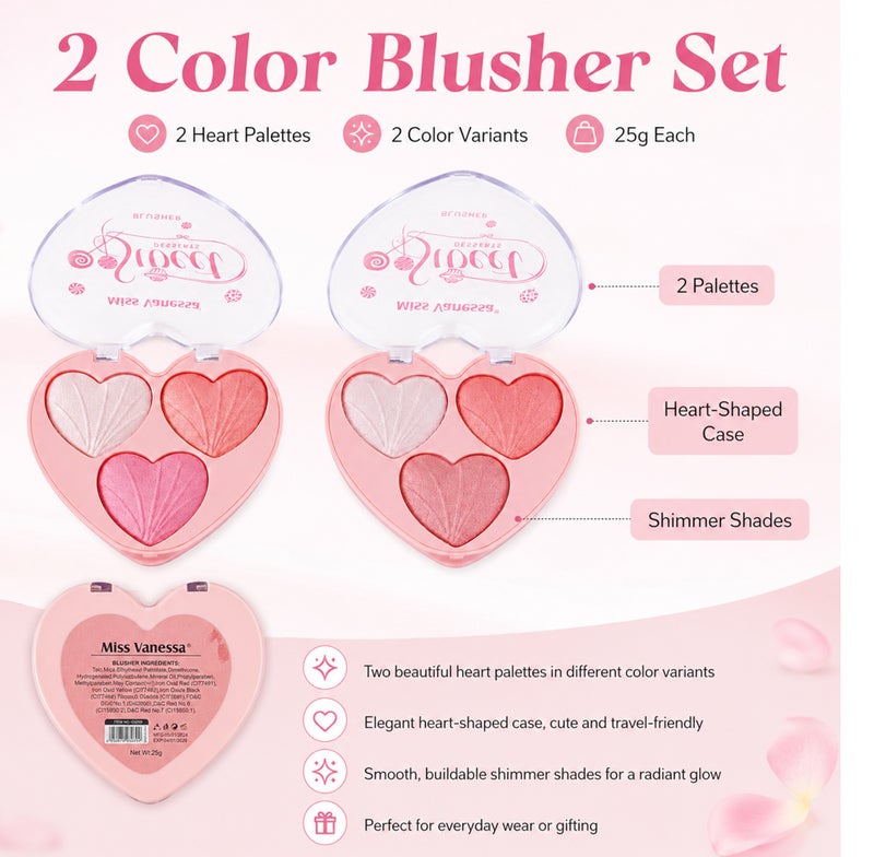 Me Now Heart Shaped Blusher Palette Set, 2 Pcs Shimmer Face Powder with 6 Shades, Pink Coral Pearl Glow, Compact Cheek Highlighter Makeup Kit for Daily Use - Image 2