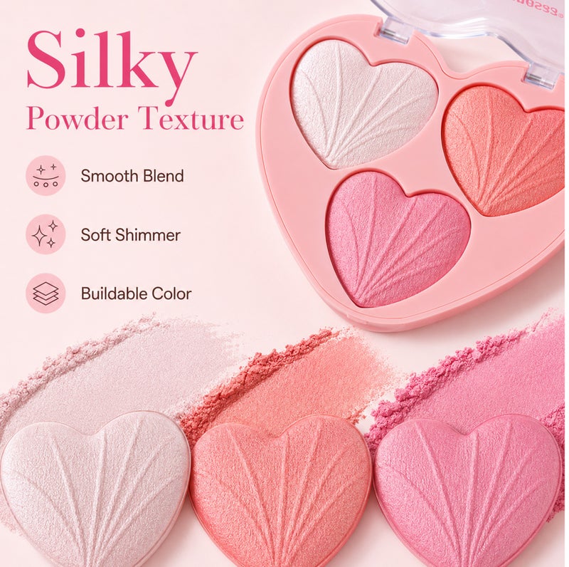 Me Now Heart Shaped Blusher Palette Set, 2 Pcs Shimmer Face Powder with 6 Shades, Pink Coral Pearl Glow, Compact Cheek Highlighter Makeup Kit for Daily Use - Image 3
