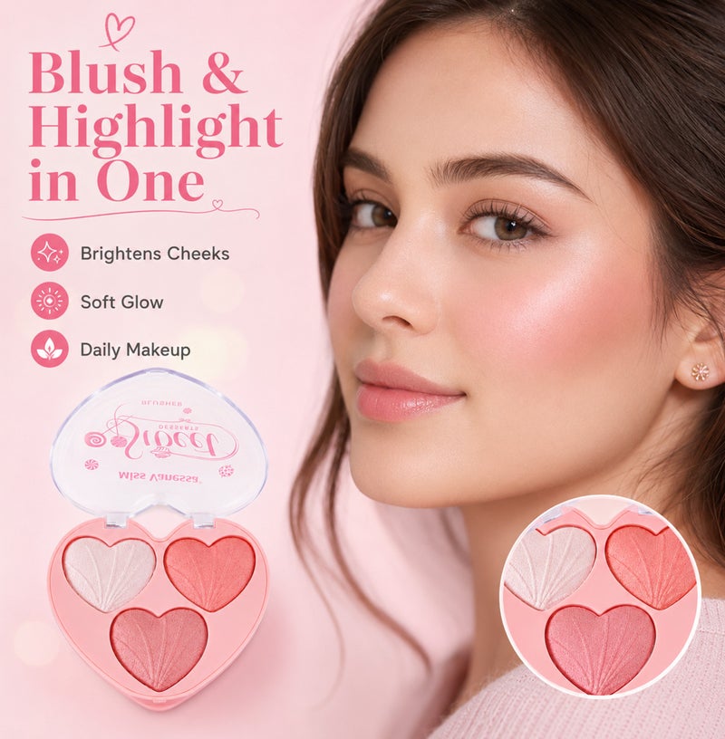 Me Now Heart Shaped Blusher Palette Set, 2 Pcs Shimmer Face Powder with 6 Shades, Pink Coral Pearl Glow, Compact Cheek Highlighter Makeup Kit for Daily Use - Image 4