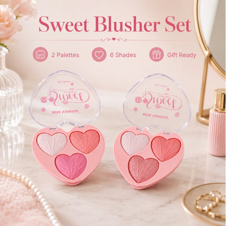 Me Now Heart Shaped Blusher Palette Set, 2 Pcs Shimmer Face Powder with 6 Shades, Pink Coral Pearl Glow, Compact Cheek Highlighter Makeup Kit for Daily Use - Image 5