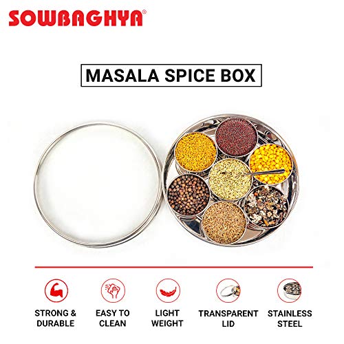Sowbaghya Stainless Steel Masala (Spice) Box/Dabba/Organiser/Anjarai Petti with 7 Containers and Spoon (Medium | 19 cm dia) Stainless Steel Spice Box Masala Dabba for Kitchen Storage Organiser. - Image 4