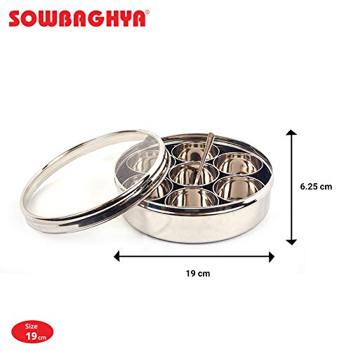 Sowbaghya Stainless Steel Masala (Spice) Box/Dabba/Organiser/Anjarai Petti with 7 Containers and Spoon (Medium | 19 cm dia) Stainless Steel Spice Box Masala Dabba for Kitchen Storage Organiser. - Image 3