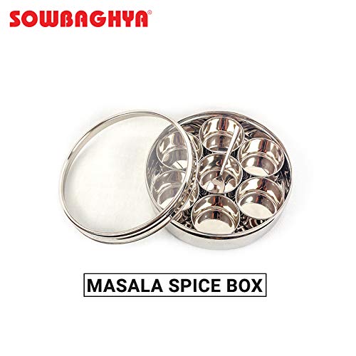 Sowbaghya Stainless Steel Masala (Spice) Box/Dabba/Organiser/Anjarai Petti with 7 Containers and Spoon (Medium | 19 cm dia) Stainless Steel Spice Box Masala Dabba for Kitchen Storage Organiser. - Image 2