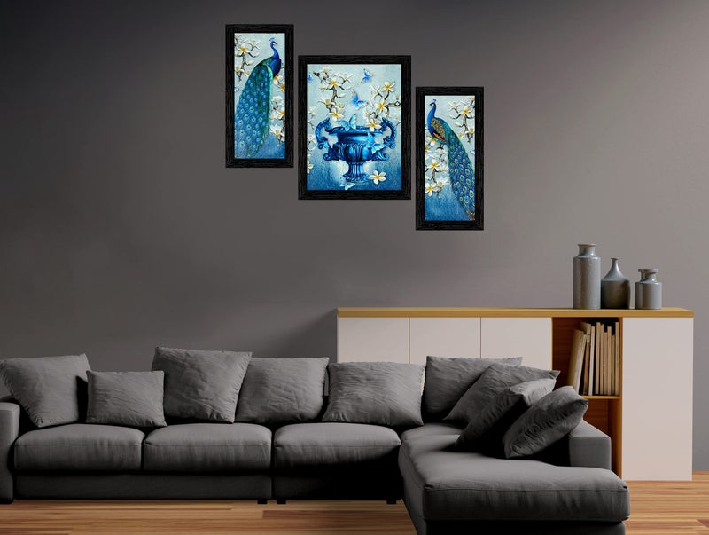 Indianara Set of 3 Beautiful Pair of Peacock and Flower vase Framed Art Painting (6 X 13, 10.2 X 13, 6 X 13 inch, Black) - Image 3