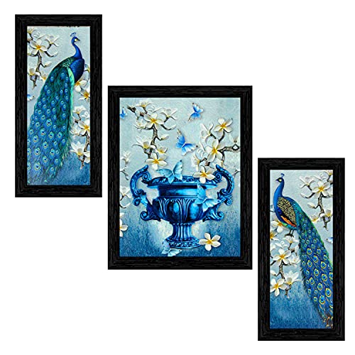 Indianara Set of 3 Beautiful Pair of Peacock and Flower vase Framed Art Painting (6 X 13, 10.2 X 13, 6 X 13 inch, Black) - Image 1