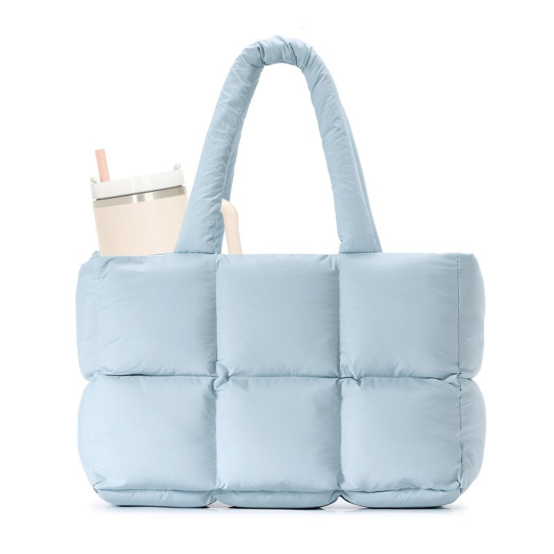 Herald Puffer Tote Bag for Women, Large Quilted Puffy Handbag Lightweight Satchel Purse with Cup Holder & Compartment (Sky Blue) - Image 1