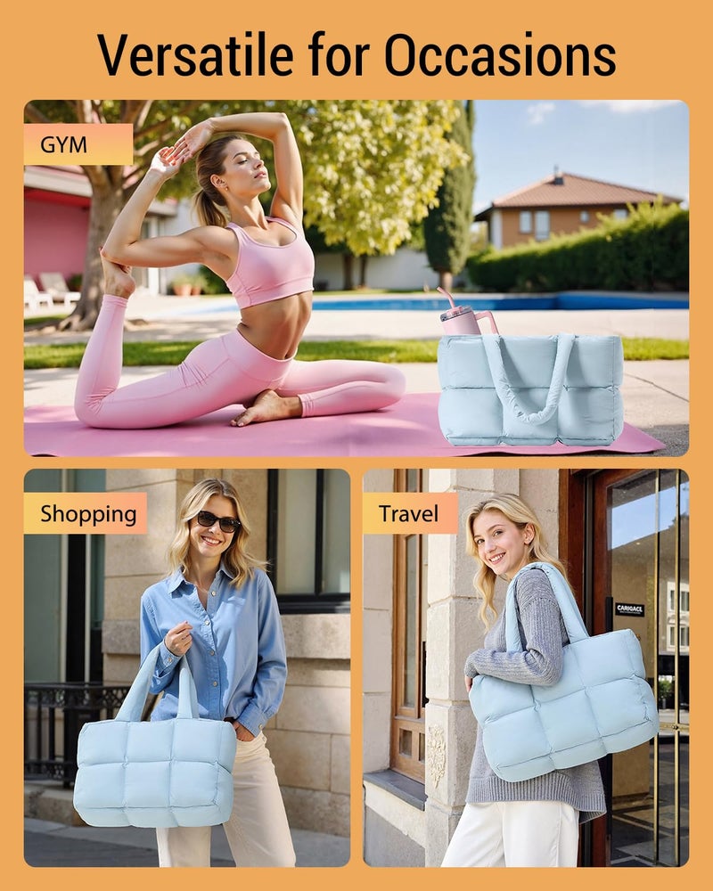 Herald Puffer Tote Bag for Women, Large Quilted Puffy Handbag Lightweight Satchel Purse with Cup Holder & Compartment (Sky Blue) - Image 2