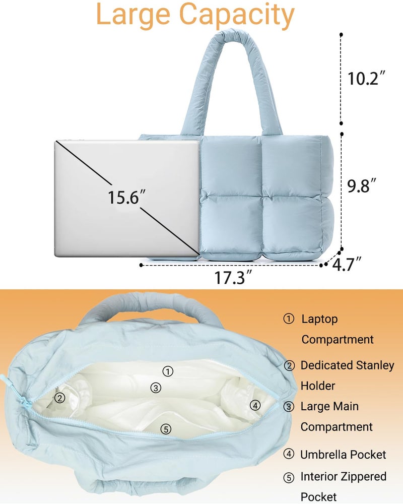 Herald Puffer Tote Bag for Women, Large Quilted Puffy Handbag Lightweight Satchel Purse with Cup Holder & Compartment (Sky Blue) - Image 5