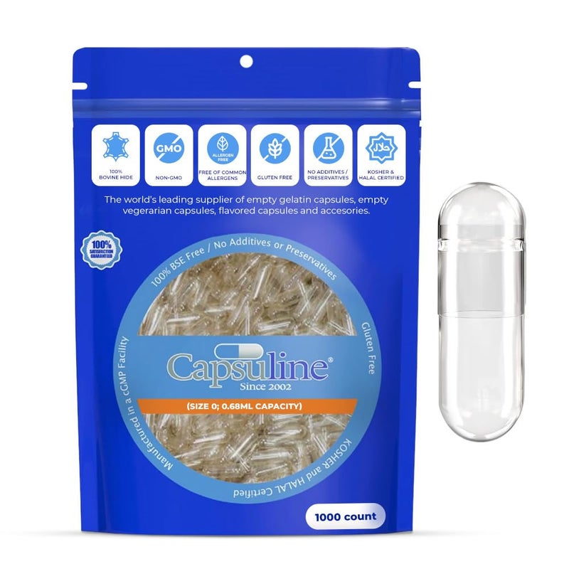 Capsuline Size 0 Empty Gelatin Capsules Clear 1000 Count Gluten Free Kosher NonGMO Certified Pure Bovine Pill Caps for DIY Supplement Filling
