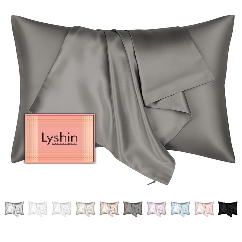 LYSHIN Mulberry Silk Pillow Cases Queen Size with Hidden Zipper  Ultra Smooth and Soft Breathable Cooling Silk Satin Pillowcase for Hair and Skin  Gifts for Women Men (Dark Grey  20x30 Inches  1 Pack) - Image 1