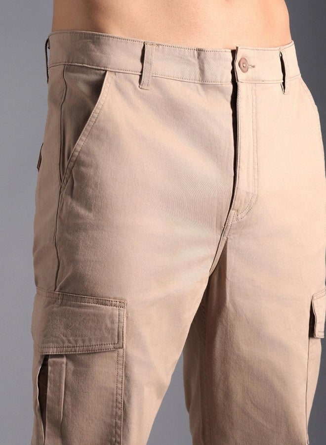 HIGH STAR Men's Taupe Cotton Blend Solid Pattern Full Length Cargo Straight Fit Trouser  - Image 1
