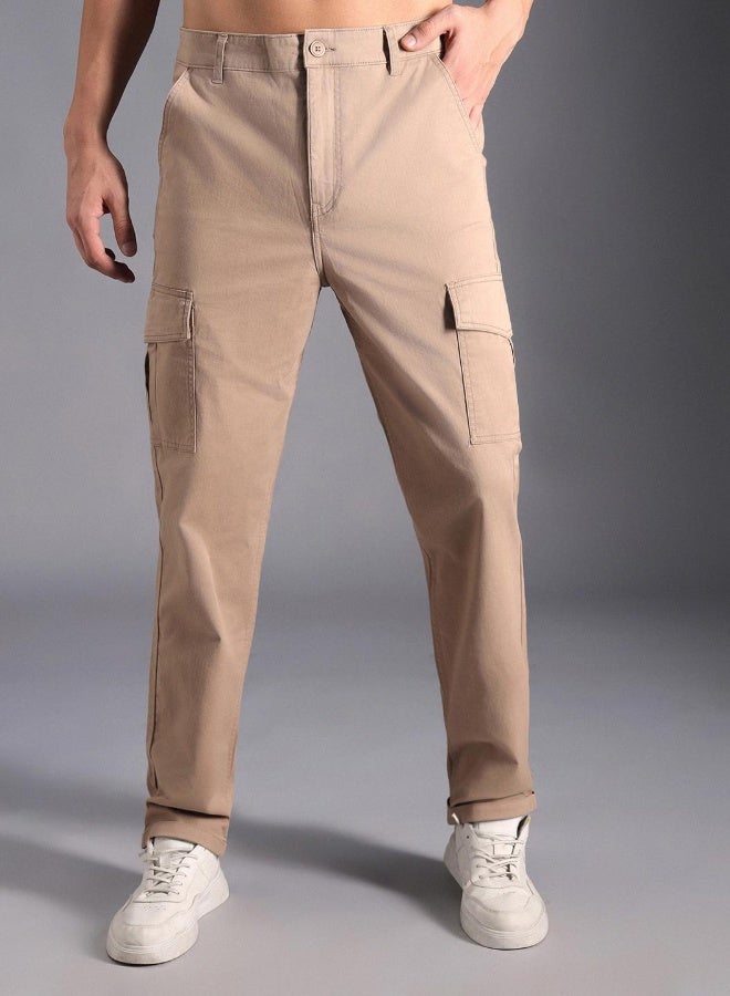 HIGH STAR Men's Taupe Cotton Blend Solid Pattern Full Length Cargo Straight Fit Trouser  - Image 3