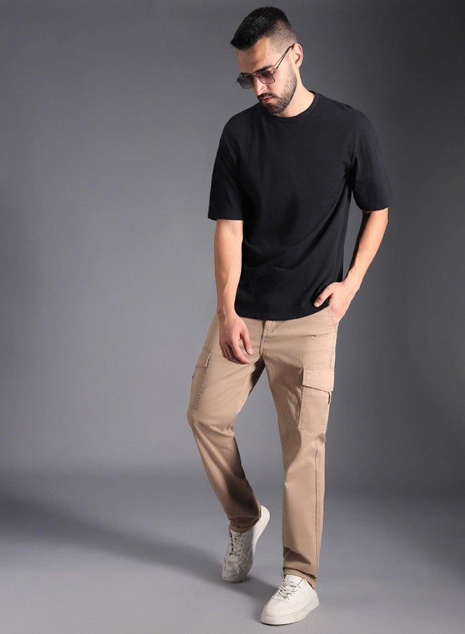 HIGH STAR Men's Taupe Cotton Blend Solid Pattern Full Length Cargo Straight Fit Trouser  - Image 5