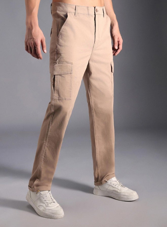 HIGH STAR Men's Taupe Cotton Blend Solid Pattern Full Length Cargo Straight Fit Trouser  - Image 2