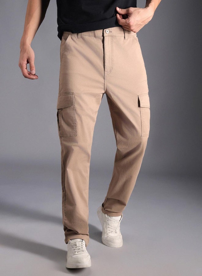 HIGH STAR Men's Taupe Cotton Blend Solid Pattern Full Length Cargo Straight Fit Trouser  - Image 4