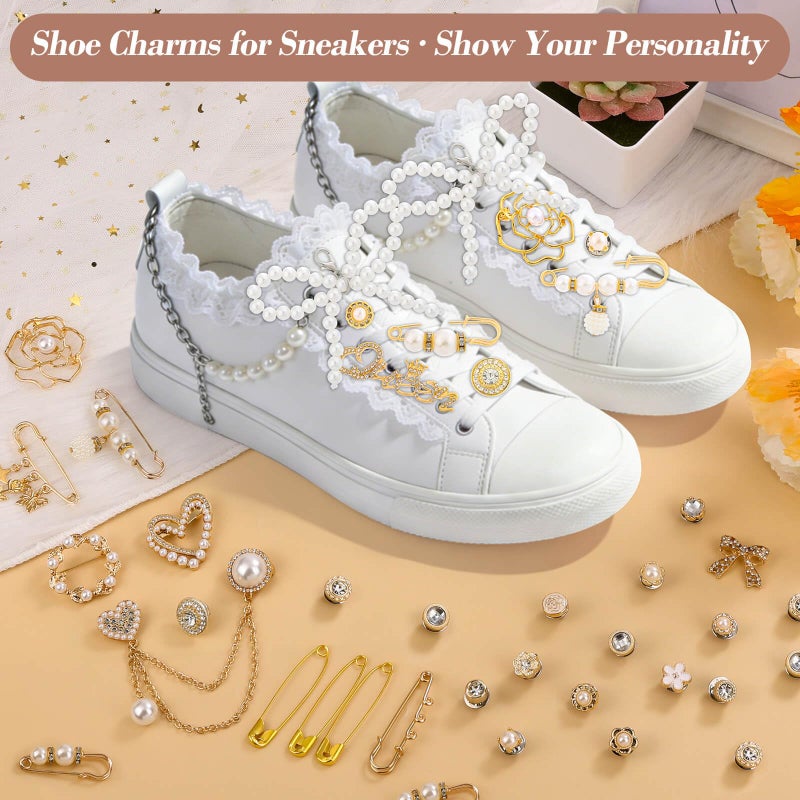 Tetutor 389 pcs Shoe Charms for Sneakers, Junk Socks Charms Kit, Pearl and Rhinestone Shoelace Charm with Brooches and Pins for Women, DIY Accessories for Decorating and Personalizing Socks - Image 4