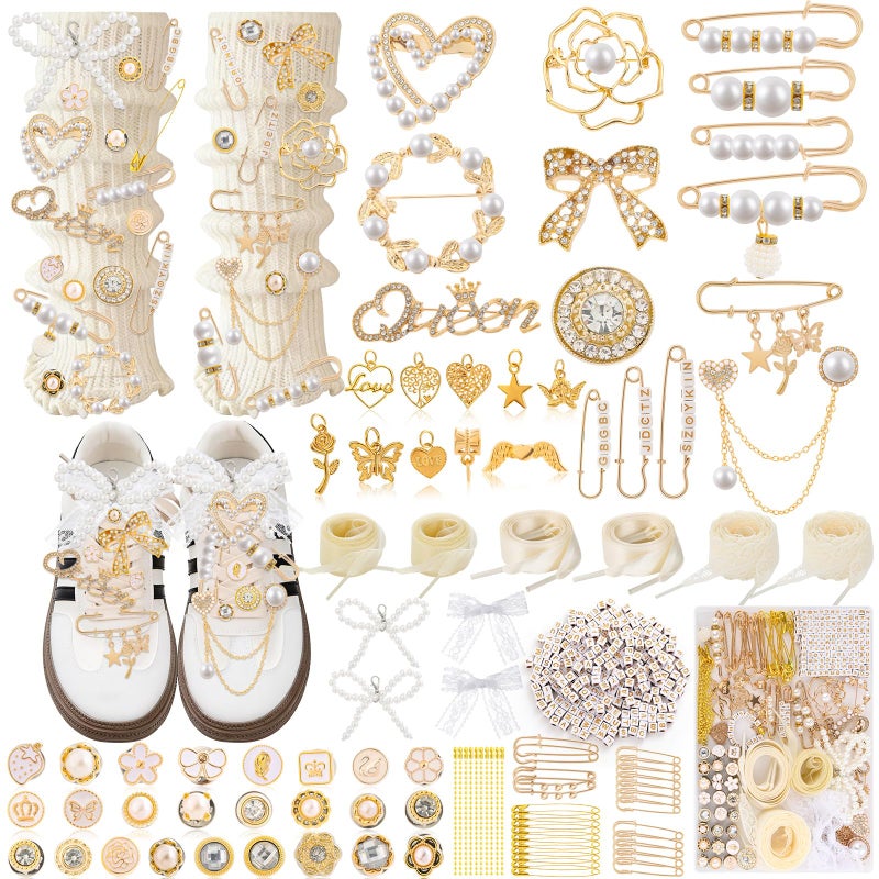Tetutor 389 pcs Shoe Charms for Sneakers, Junk Socks Charms Kit, Pearl and Rhinestone Shoelace Charm with Brooches and Pins for Women, DIY Accessories for Decorating and Personalizing Socks - Image 1