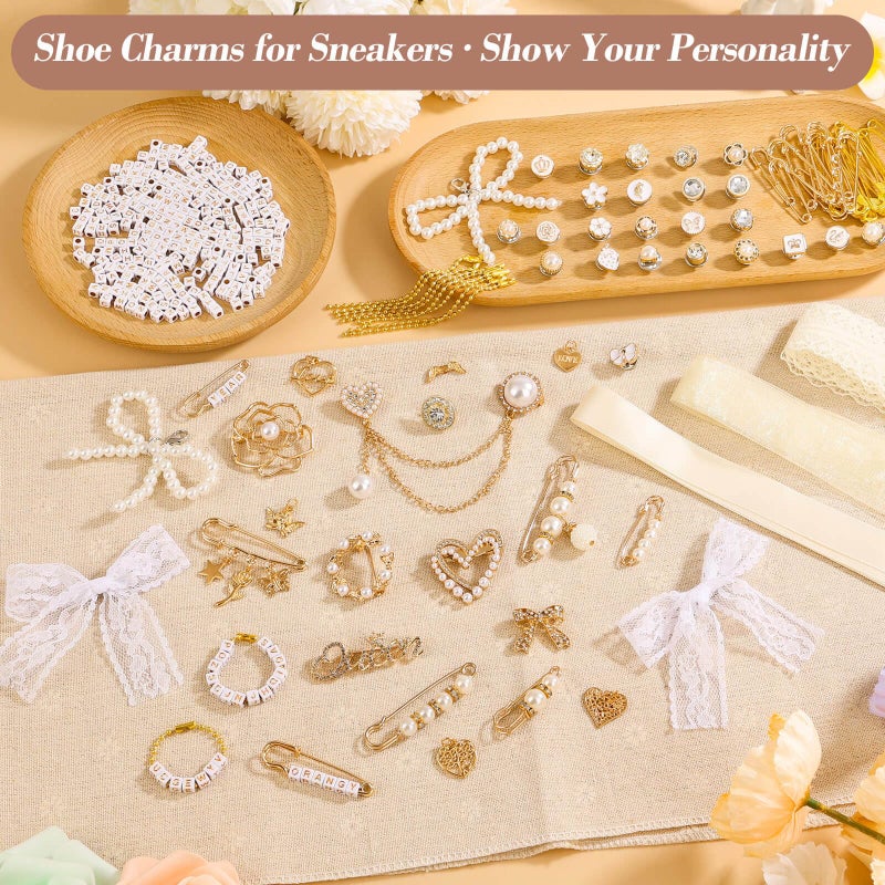 Tetutor 389 pcs Shoe Charms for Sneakers, Junk Socks Charms Kit, Pearl and Rhinestone Shoelace Charm with Brooches and Pins for Women, DIY Accessories for Decorating and Personalizing Socks - Image 3