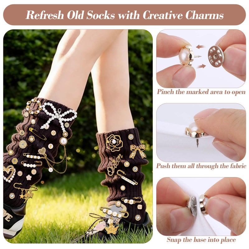 Tetutor 389 pcs Shoe Charms for Sneakers, Junk Socks Charms Kit, Pearl and Rhinestone Shoelace Charm with Brooches and Pins for Women, DIY Accessories for Decorating and Personalizing Socks - Image 5