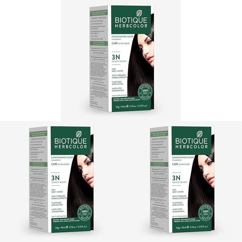 Biotique Herbcolor Conditioning Hair Colour l Ammonia Free Hair Color l 9 Organic Herbal Extracts l Natural and Healthy Shine l 50g 110ml Darkest Brown 3N Pack of 3 - Image 1