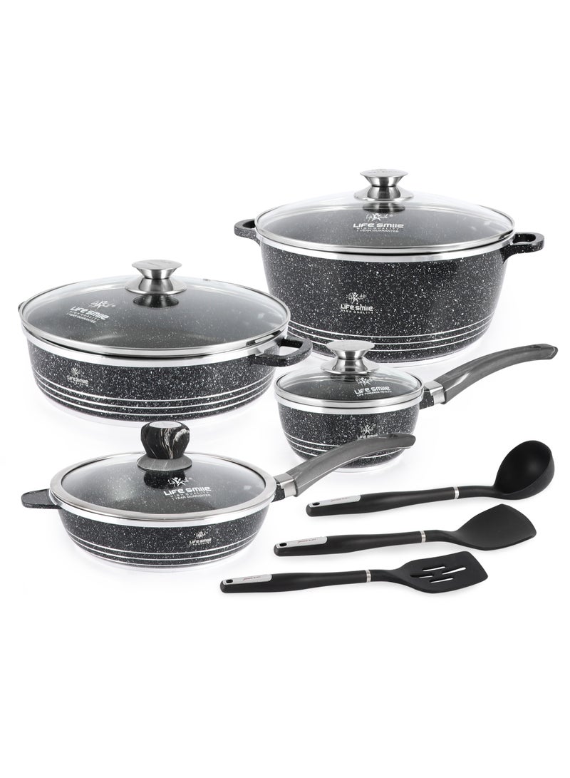 Life Smile 11-Piece Nonstick Granite Cookware Set – Premium Cookwares, Pots and Pans with Lids | Includes 28cm Soup Pot (6.7L), 28cm Shallow Pot (3.9L), 24cm Frying Pan (2.4L), 16cm Sauce Pan (1.3L) & 3 Kitchen Utensils - Image 1