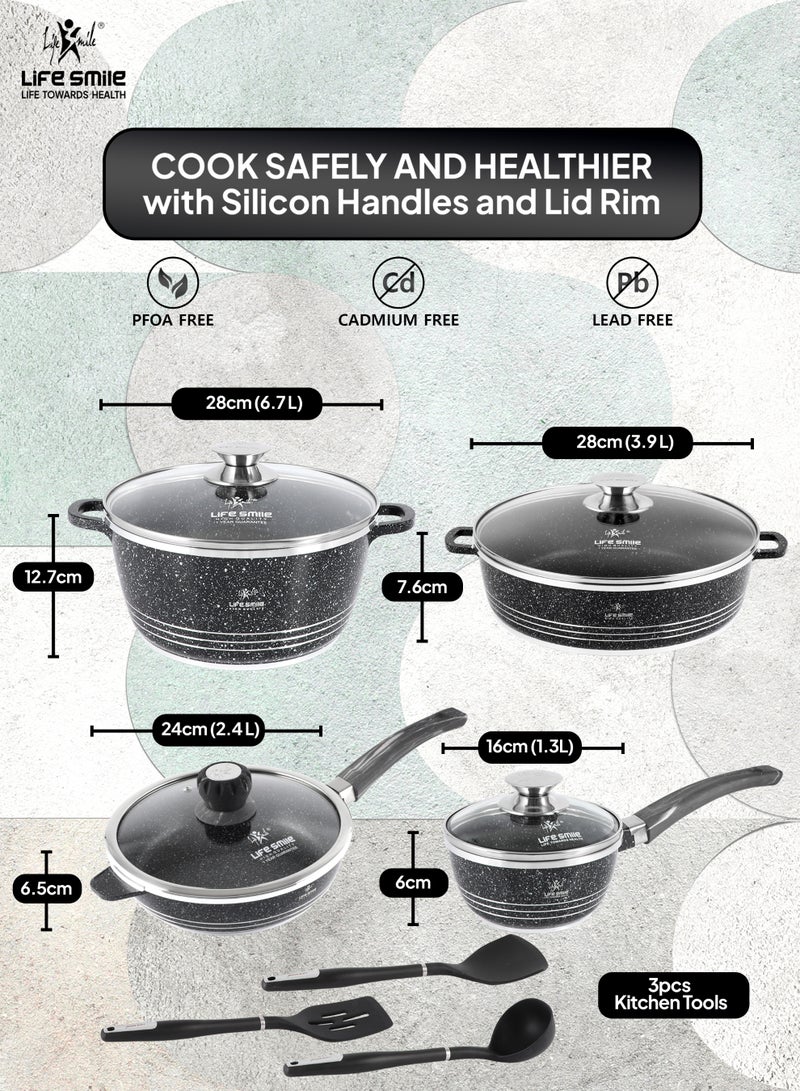 Life Smile 11-Piece Nonstick Granite Cookware Set – Premium Cookwares, Pots and Pans with Lids | Includes 28cm Soup Pot (6.7L), 28cm Shallow Pot (3.9L), 24cm Frying Pan (2.4L), 16cm Sauce Pan (1.3L) & 3 Kitchen Utensils - Image 2